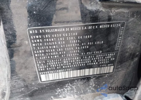 2024 Volkswagen Taos 1.5T Se z USA, uszkodzony, nr VIN 3VVUX7B22RM071751